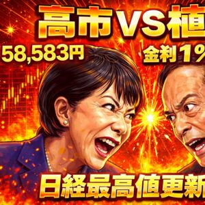 高市総理VS植田総裁？日銀人事で日経最高値更新！58583円突破と6万円・年内7万円！？