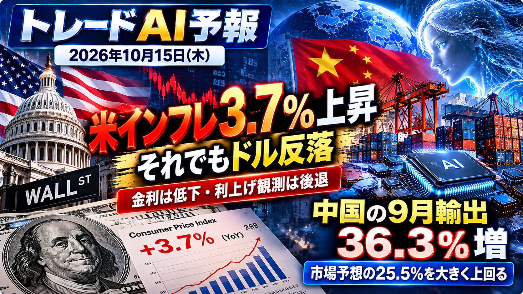 トレードAI予報 10月15日:米CPIは3.7%上昇、中国の輸出は36.3%増 24 sdfafa